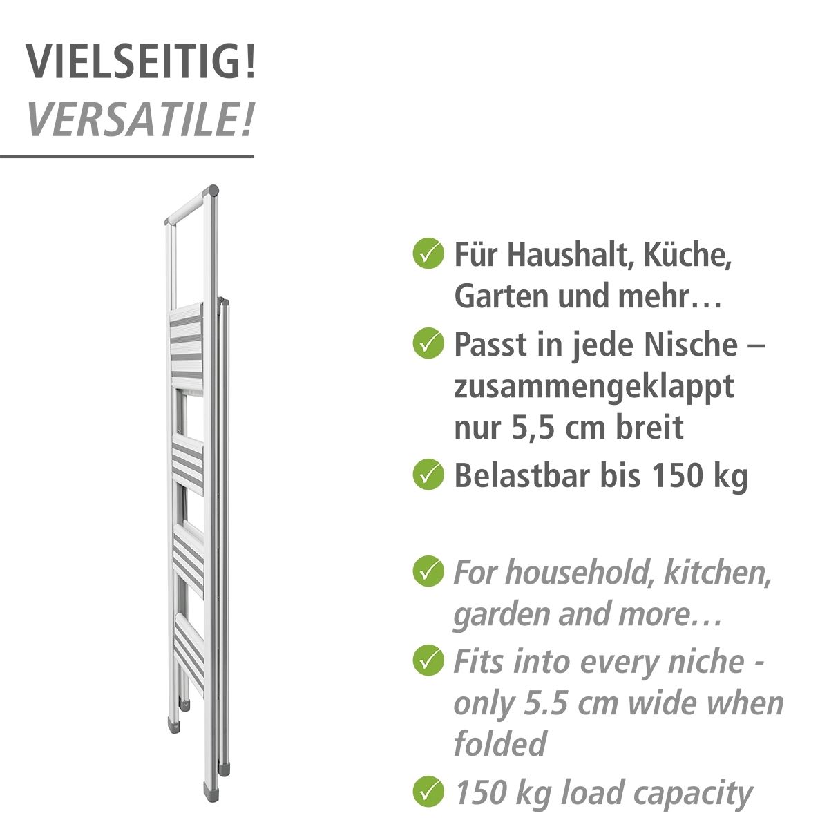 WENKO Alu-Design Klapptrittleiter 4-stufig, rutschfeste Haushaltsleiter, Sicherheitsleiter, Farbwahl Produktabbildung 4