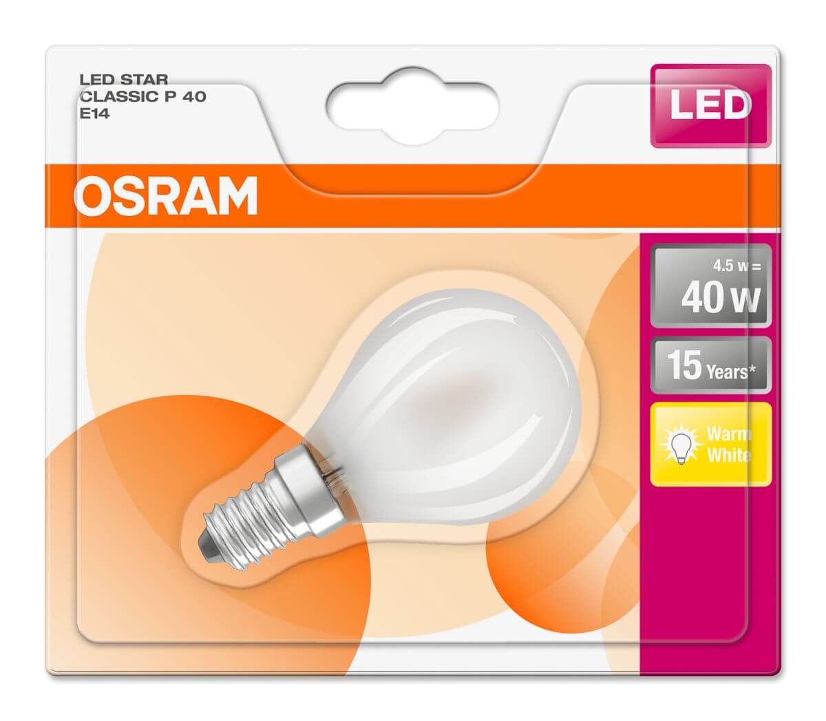 Osram LED Star Classic P 40, 4,5W = 40W, 470 lm, E14, matt, Warmweiß (2700K), Filament Lampe Produktabbildung 2