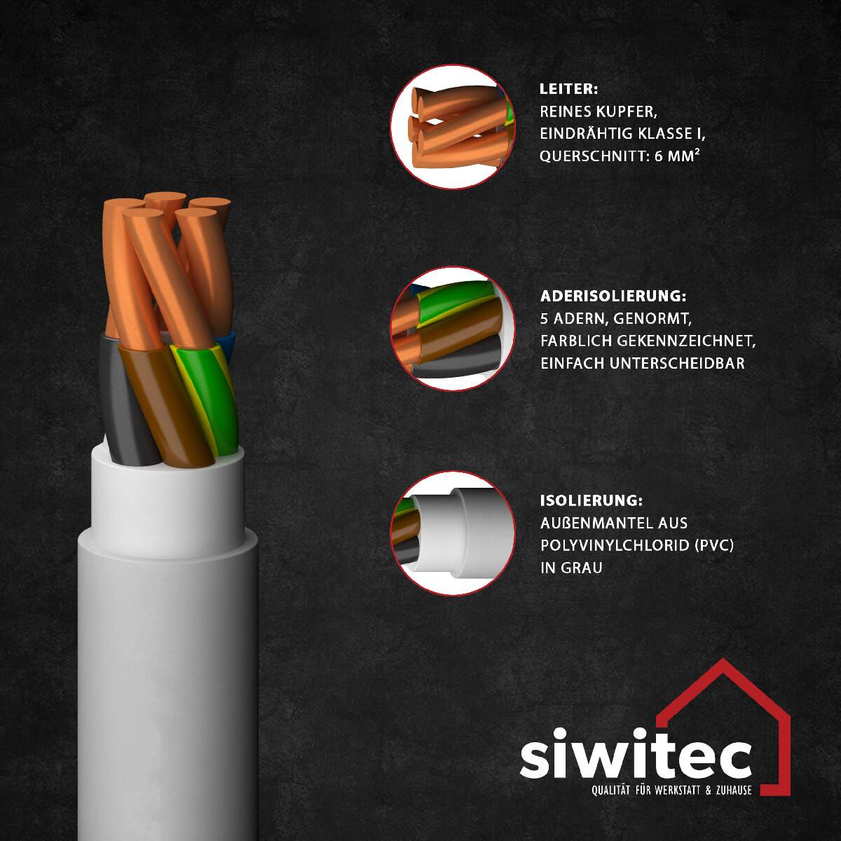 siwitec NYM-Kabel,  NYM-J 5 x 6 mm², 98 m, Installationskabel, Mantelleitung, Stromkabel nach Maß Produktabbildung 3