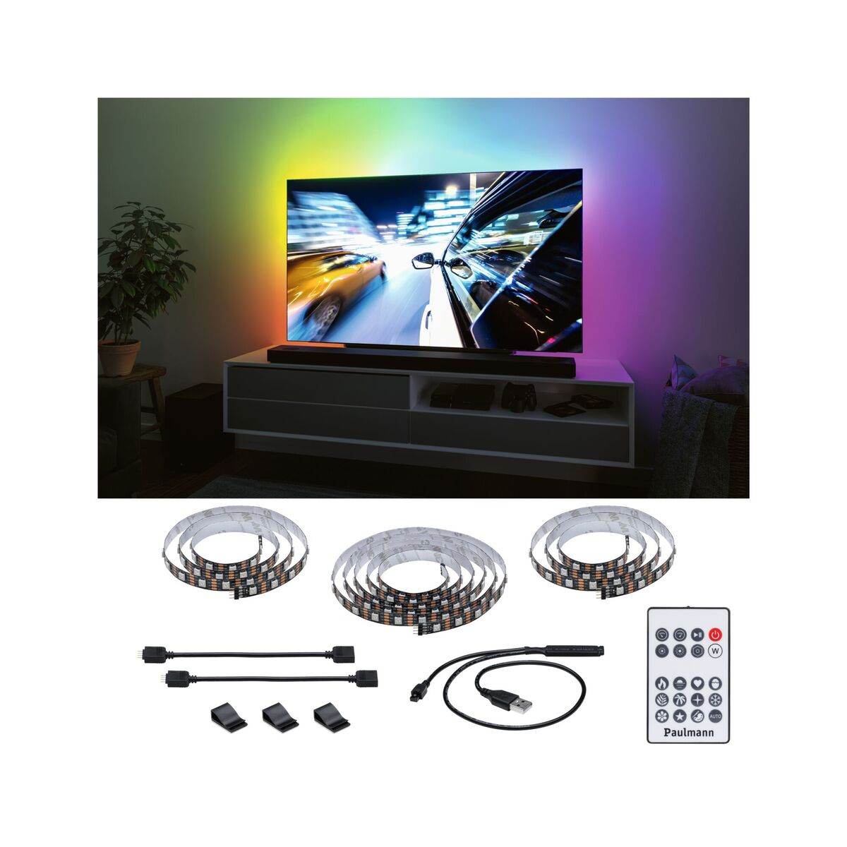 Paulmann EntertainLED USB LED Strip TV-Beleuchtung, 55, 65 oder 75 Zoll, RGB Rainbow, Dimmbar Produktabbildung 1