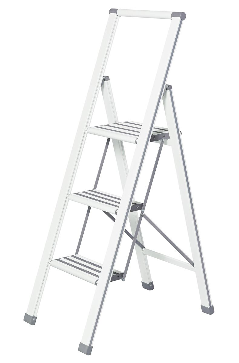 WENKO Alu-Design Klapptrittleiter 3-stufig, rutschfeste Haushaltsleiter, Sicherheitsleiter, Farbwahl Produktabbildung