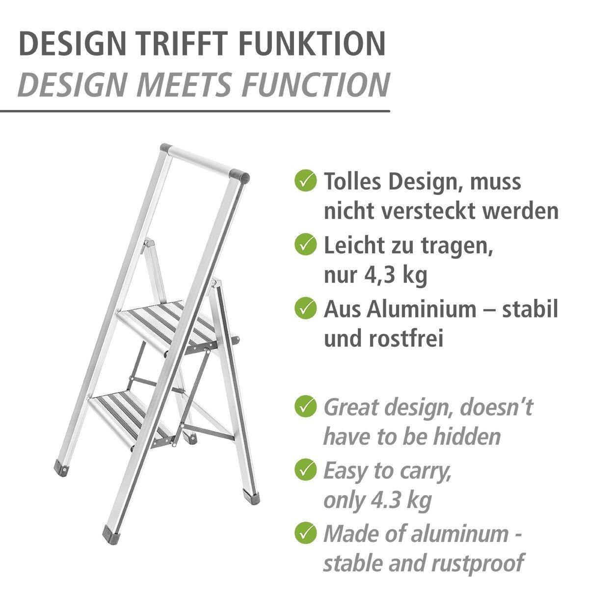 WENKO Alu-Design Klapptrittleiter 2-stufig, rutschfeste Haushaltsleiter, Sicherheitsleiter, Farbwahl Produktabbildung 3