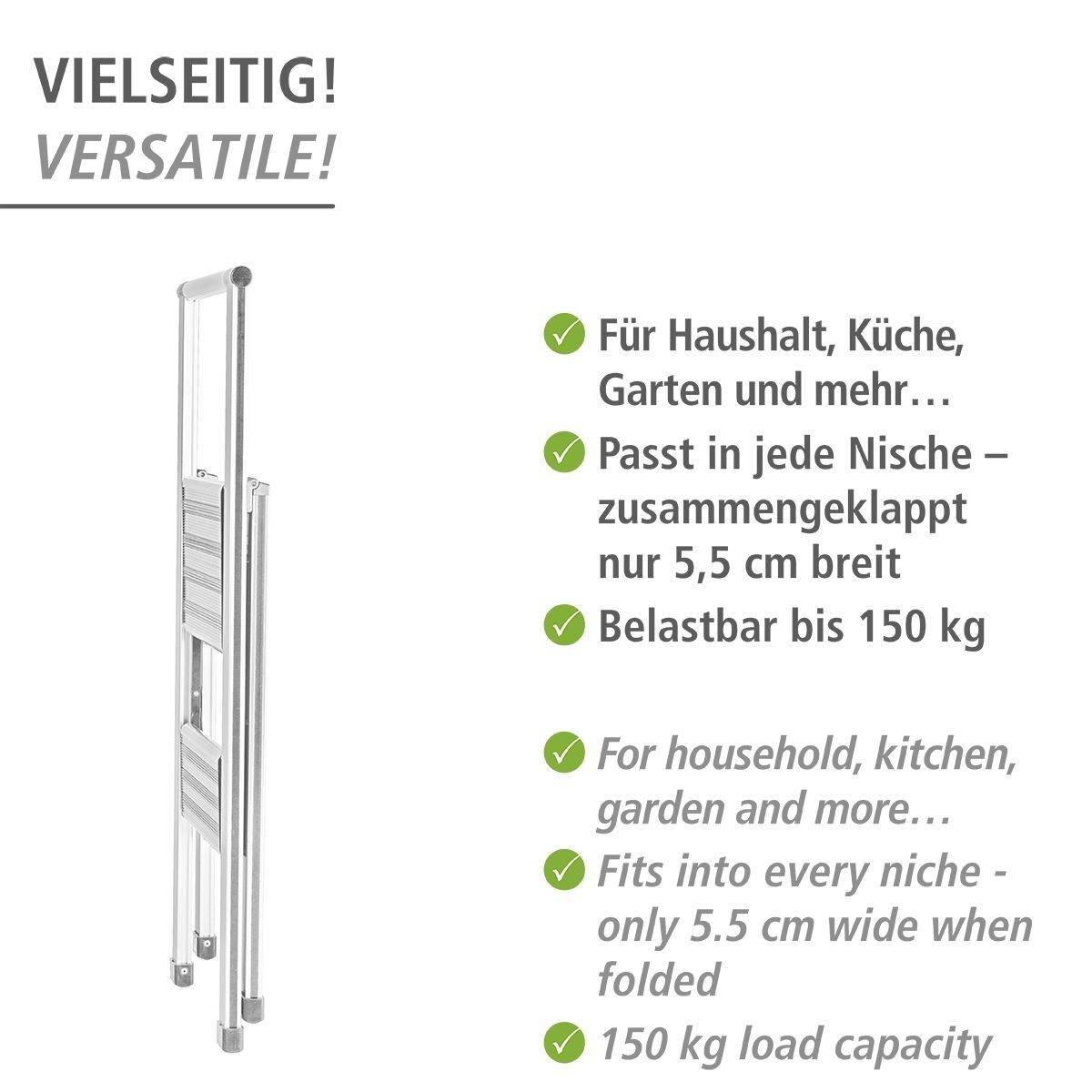 WENKO Alu-Design Klapptrittleiter 2-stufig, rutschfeste Haushaltsleiter, Sicherheitsleiter, Farbwahl Produktabbildung 4