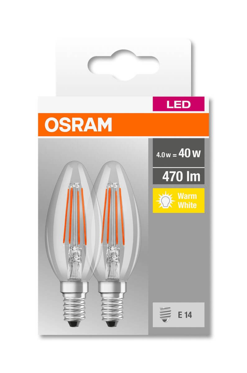 Osram 2er Pack LED Base Classic B 40, 4W = 40W, 470 lm, E14, Klar, Warmweiß (2700 K), Kerze Produktabbildung 2
