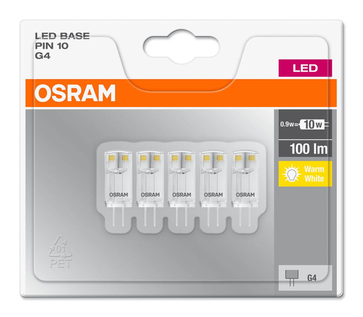 Osram 5er Pack PARATHOM LED PIN 12V 0,9W = 10W G4 Sockellampe 100lm 2700K Warmweiß Produktabbildung 2
