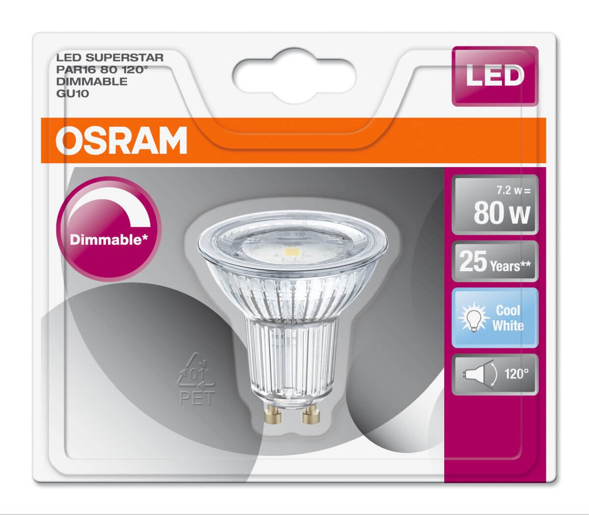 Osram LED Superstar PAR16 80, 7,2W = 80W, 575 lm, GU10, 120°, Dimmbar, Neutralweiß (4000 K) Produktabbildung 2