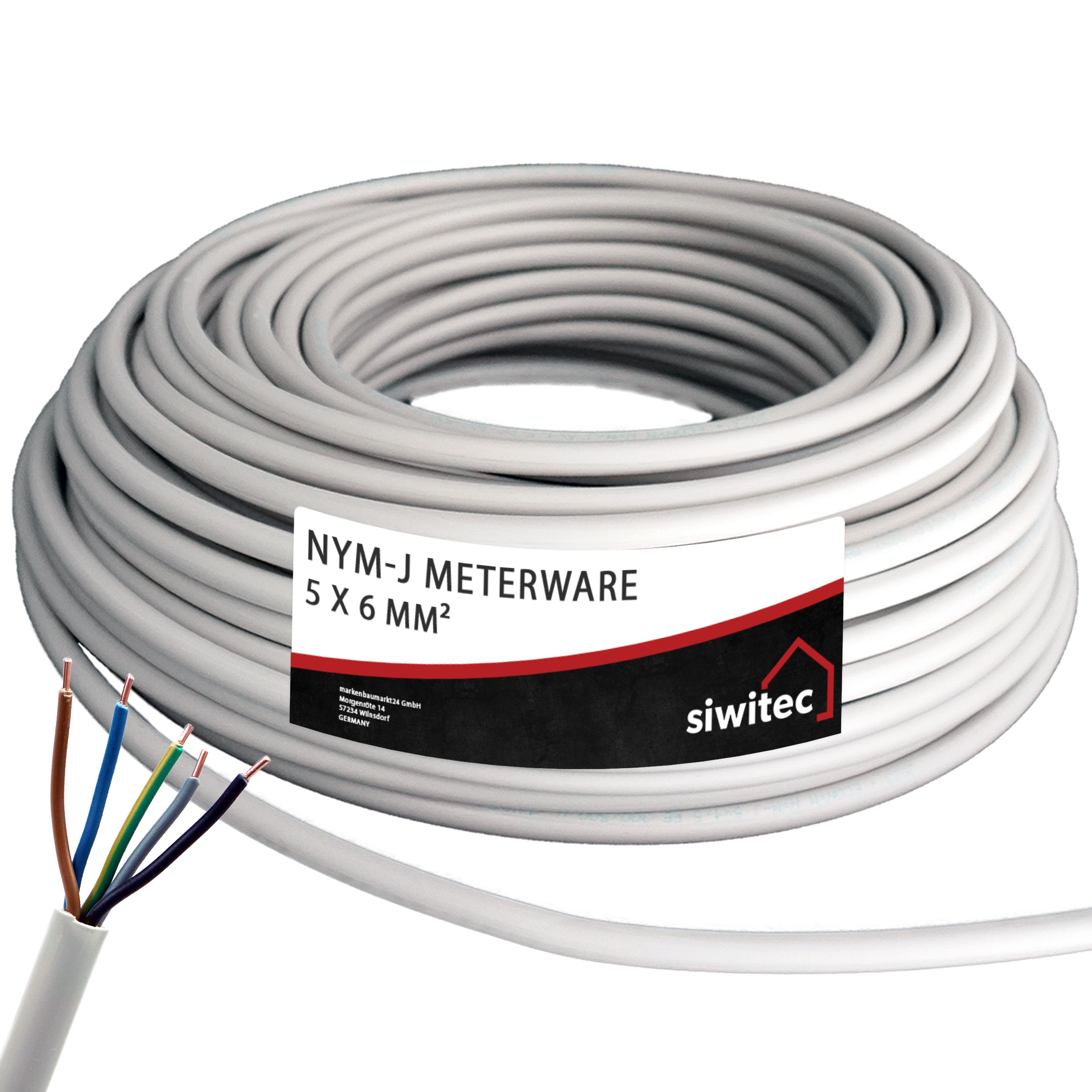 siwitec NYM-J 5x6 mm² Meterware Kabel, PVC Mantelleitung, Zuschnitt auf Wunschlänge, Feuchtraumkabel Produktabbildung
