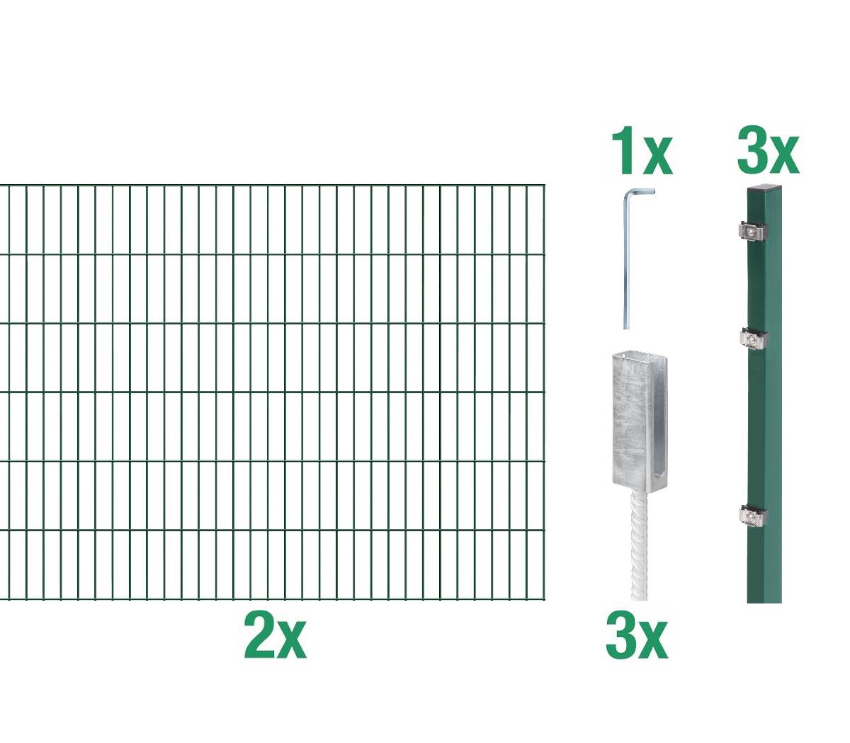 Alberts Komplettset Doppelstabmattenzaun in Grün mit Riffelstahldolle, 2 m Matten, Höhe 80-120 cm Produktabbildung
