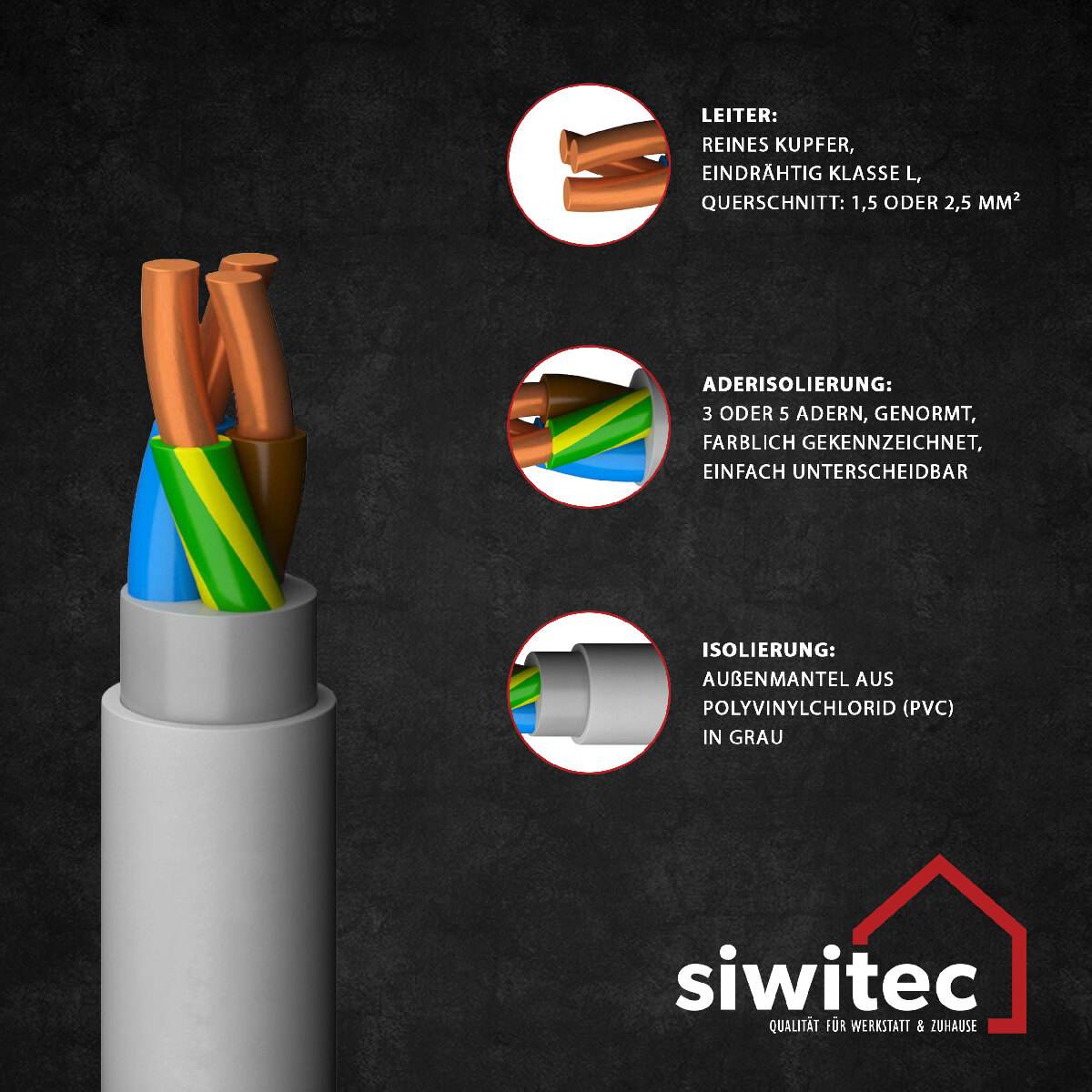 siwitec NYM-Kabel, NYM-J 3 x 1,5 mm2, 10 m Kabelring, Installationskabel, Mantelleitung, Stromkabel Produktabbildung 3