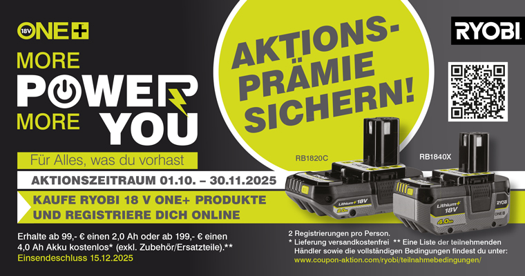 Ryobi ONE+ Aktions-Prämien - Aktionszeitraum bis 30. November