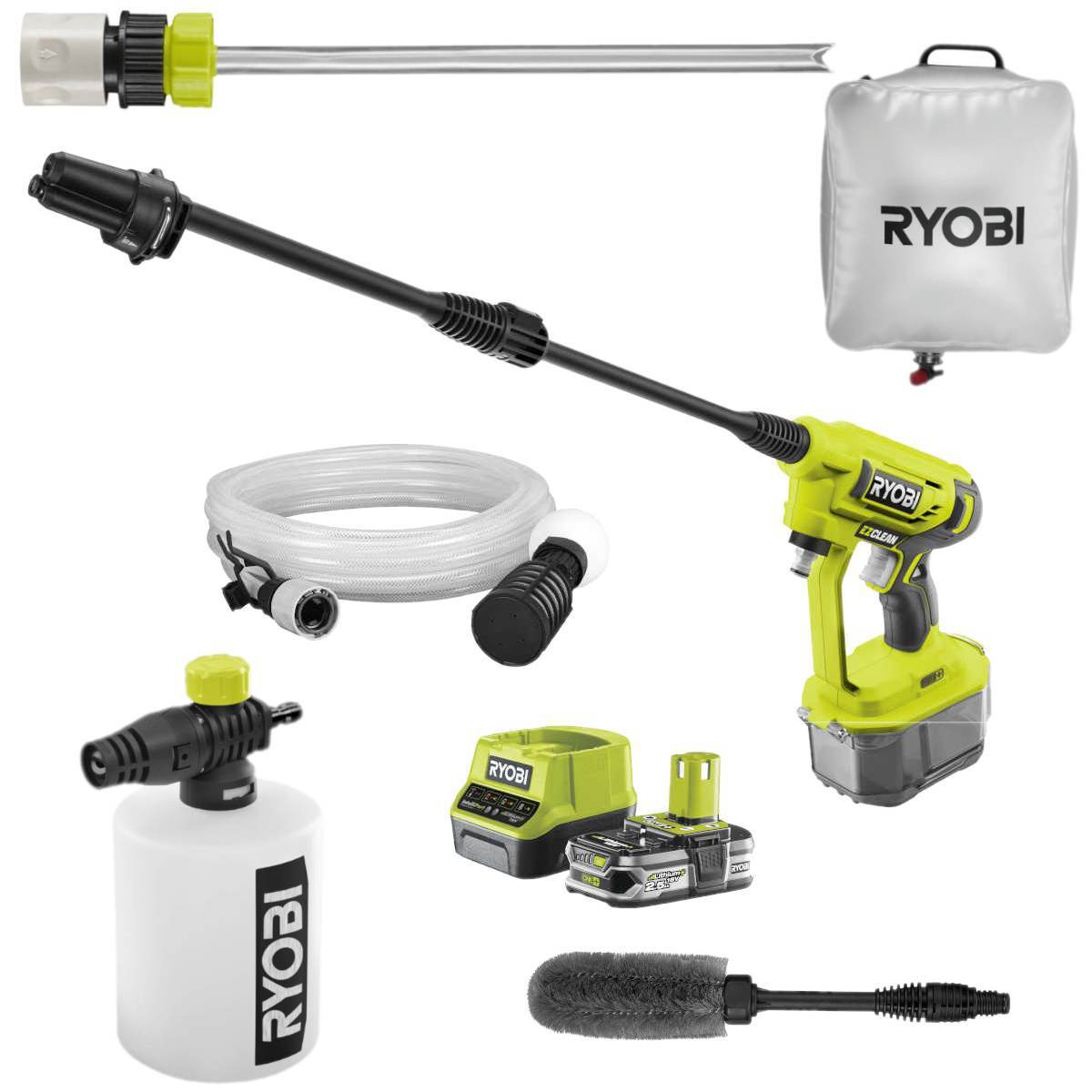 Ryobi Akku Mitteldruckreiniger Set, Akku, Ladegerät, Radbürste, Flasche, Adapter, Wassertank Produktabbildung