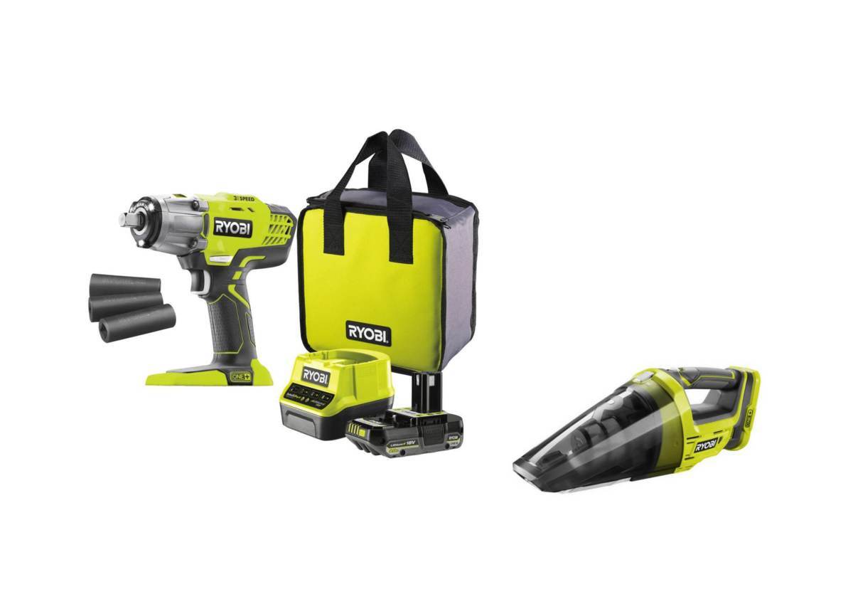 Ryobi Räderwechselset R18IW3-120S3 mit Schlagschrauber und R18HV-0 Akku-Handsauger inkl. Akku Produktabbildung