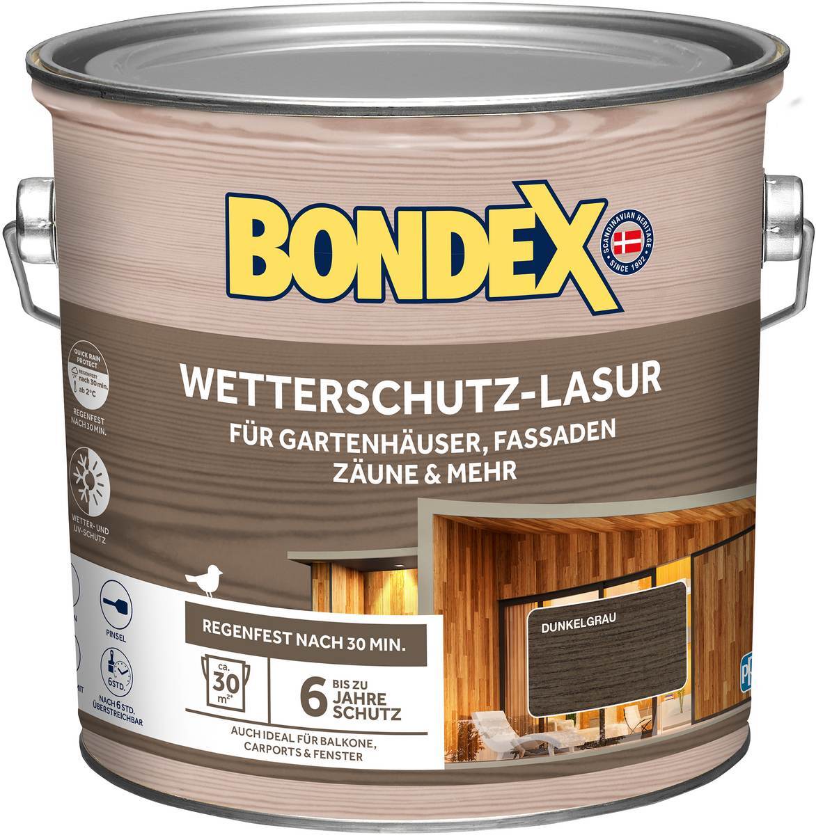 BONDEX Wetterschutz-Lasur für Aussen, Holz-Schutz, UV-Schutz, seidenmatt, Dunkelgrau, 2,5 l Produktabbildung 1