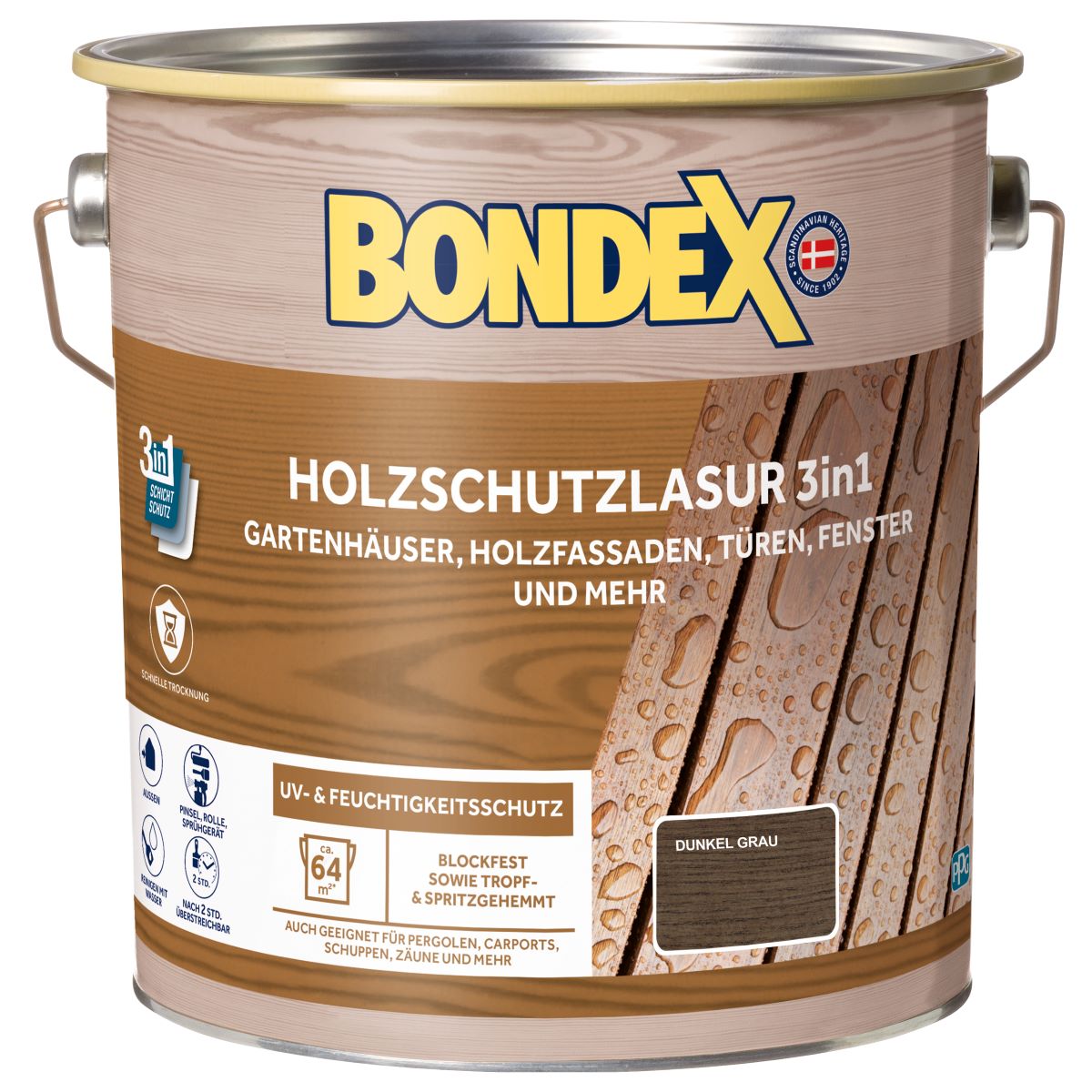 Bondex Holzschutzlasur 3in1 außen, 4L für 64 m², Seidenmatt, UV- & Feuchtigkeitsschutz, Dunkelgrau Produktabbildung