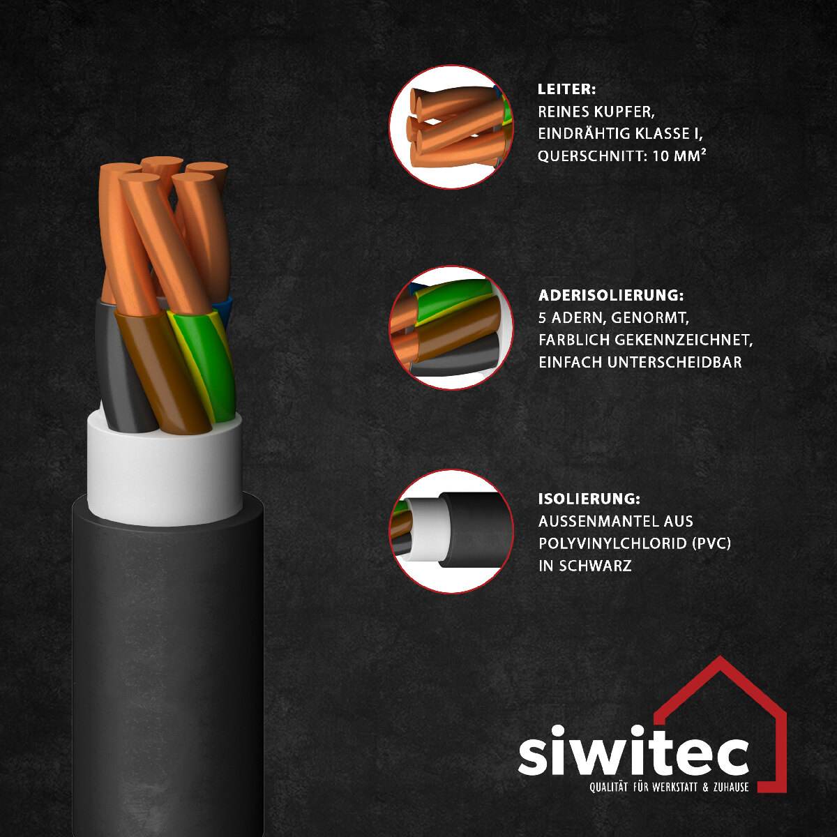 siwitec NYY-Kabel,  NYY-J 5 x 10 mm², 3 m, Erdkabel für Verlegung im Erdreich, Kabel nach Maß Produktabbildung 3
