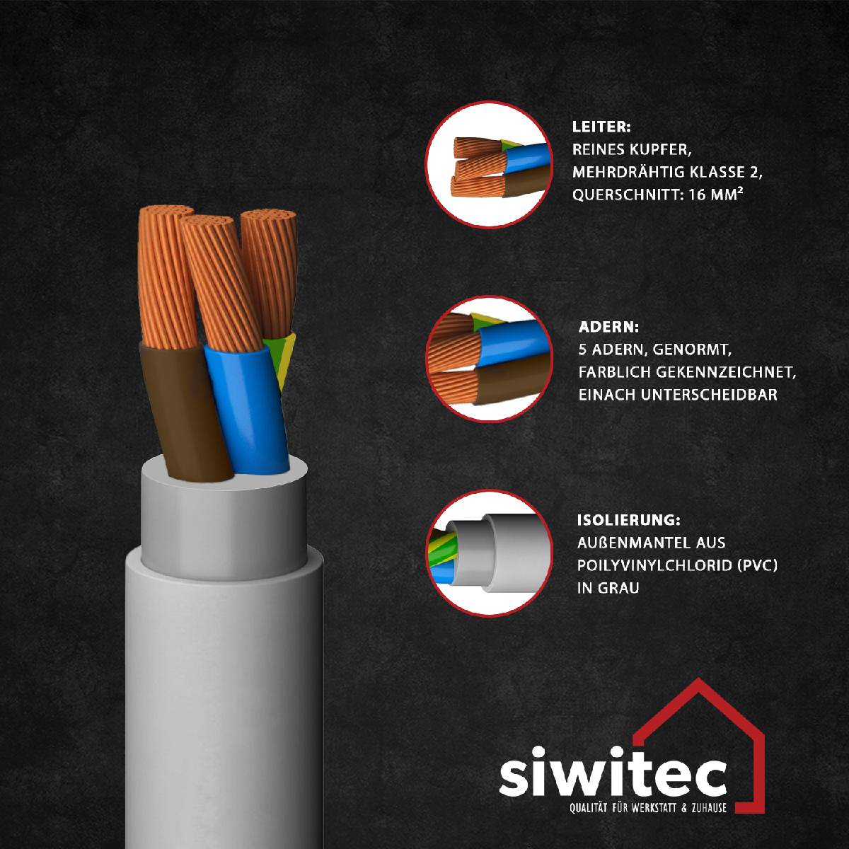 siwitec NYM-Kabel,  NYM-J 5 x 16 mm², 3 m, Installationskabel, Mantelleitung, Stromkabel nach Maß Produktabbildung 3