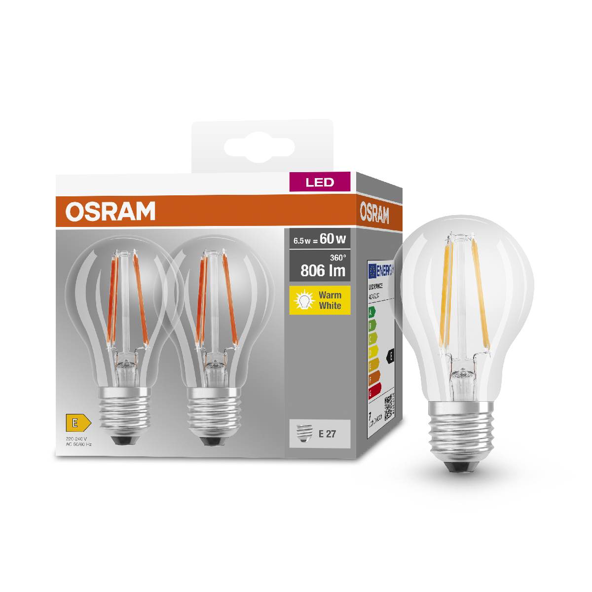 Osram 2er Pack LED Lampe BASE CLASSIC A 60 6,5W = 60W E27 806lm 2700K Glühbirne Produktabbildung