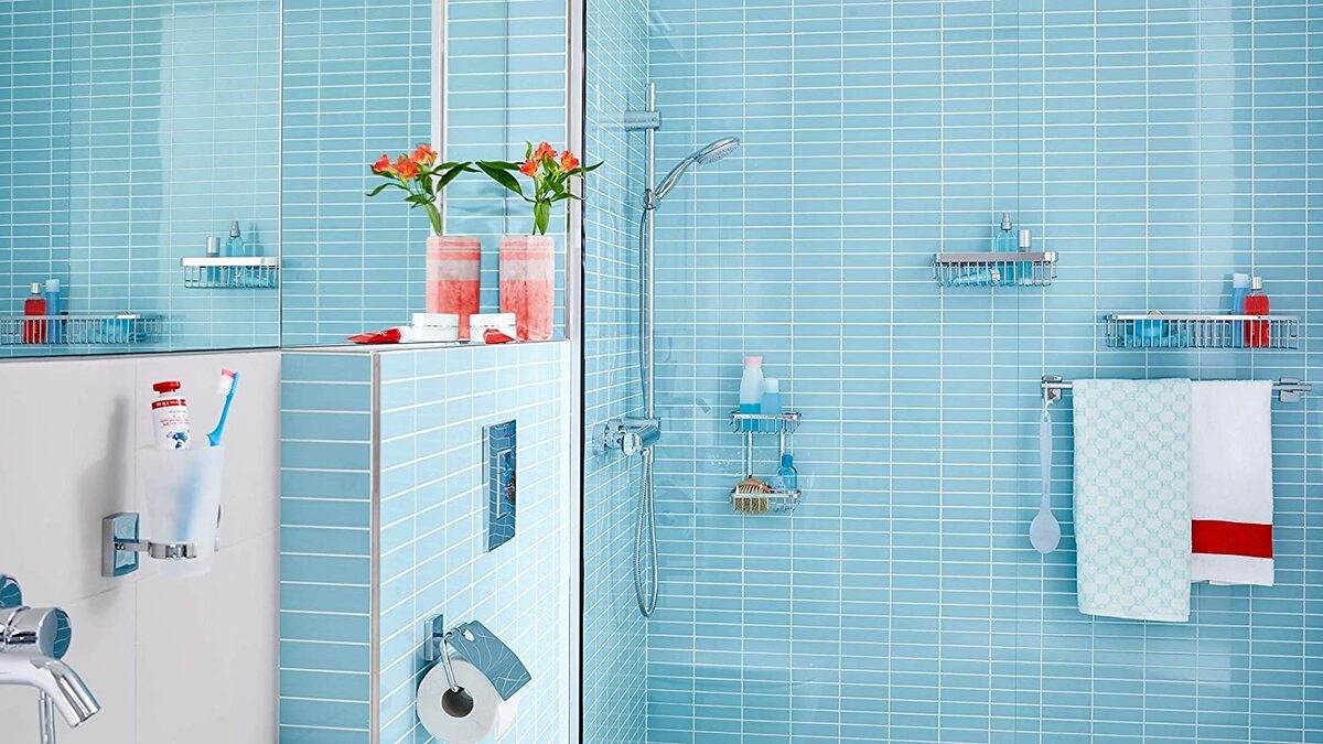 tesa ALUXX Duschablage mit Bodenplatte, inkl. Klebelösung, Ohne Bohren, Aluminium, Rostfrei, Duschkorb Produktabbildung 6