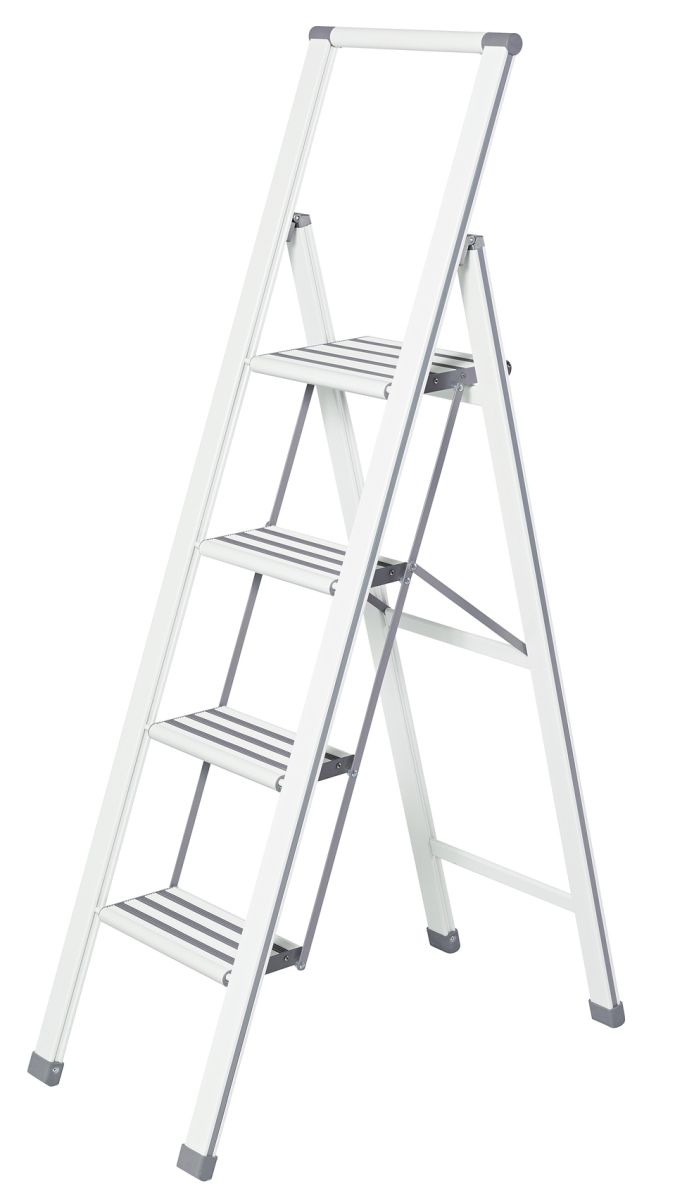 WENKO Alu-Design Klapptrittleiter 4-stufig, rutschfeste Haushaltsleiter, Sicherheitsleiter, Farbwahl Produktabbildung 1
