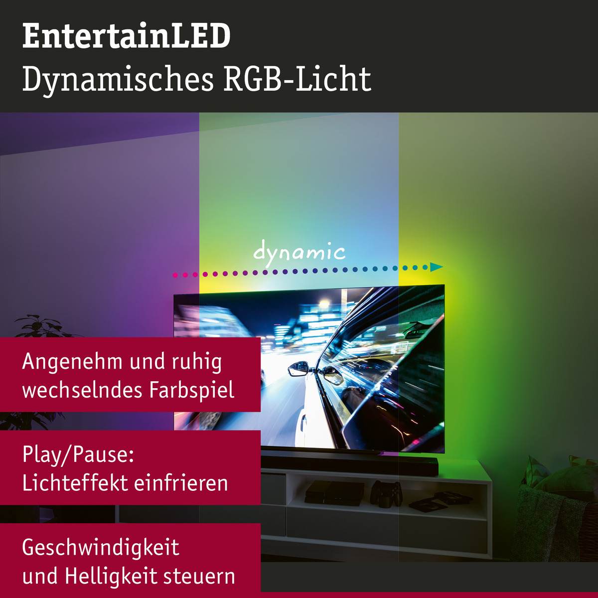 Paulmann EntertainLED USB LED Strip TV-Beleuchtung, 55, 65 oder 75 Zoll, RGB Rainbow, Dimmbar Produktabbildung 3