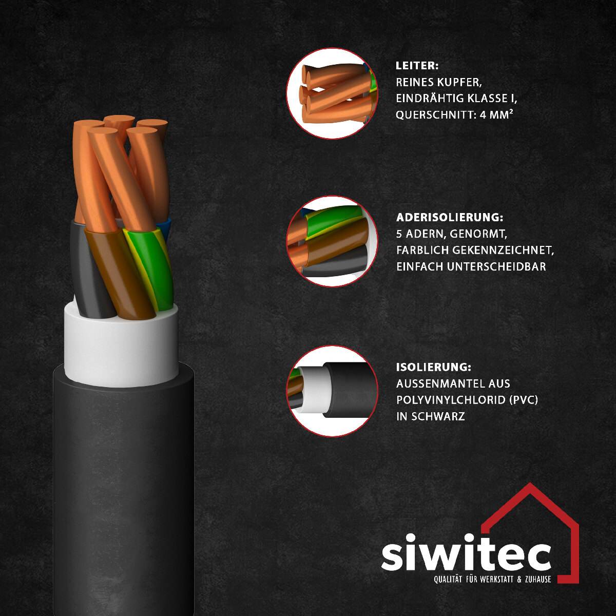 siwitec NYY-Kabel,  NYY-J 5 x 4 mm², 3 m, Erdkabel für Verlegung im Erdreich, Kabel nach Maß Produktabbildung 3