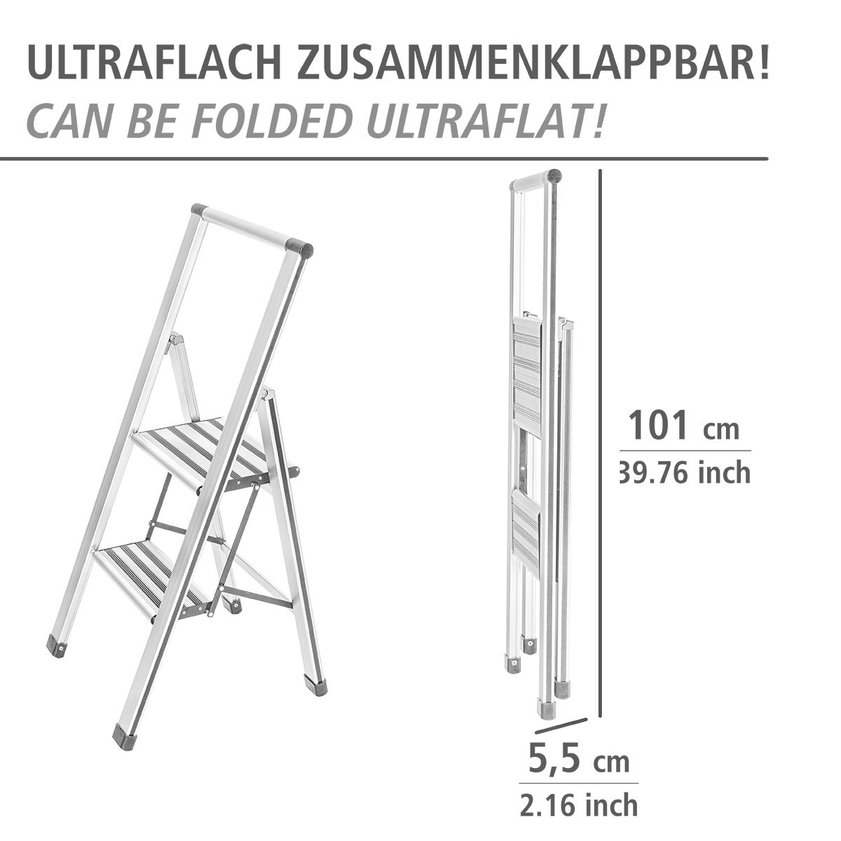 WENKO Alu-Design Klapptrittleiter 2-stufig, rutschfeste Haushaltsleiter, Sicherheitsleiter, Farbwahl Produktabbildung 5