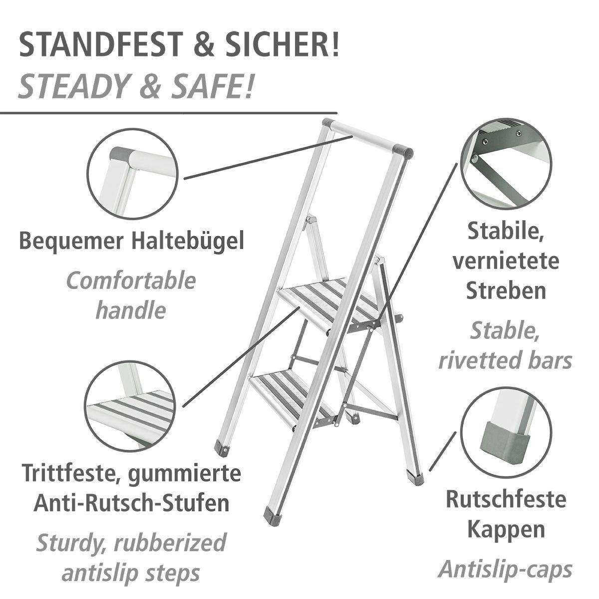 WENKO Alu-Design Klapptrittleiter 2-stufig, rutschfeste Haushaltsleiter, Sicherheitsleiter, Farbwahl Produktabbildung 2