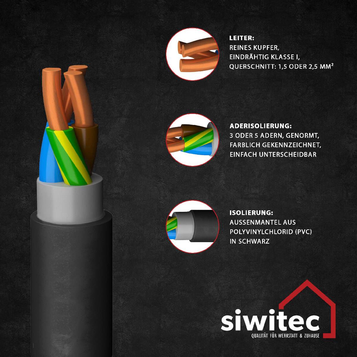 siwitec NYY-J Erdkabel 3 oder 5-adrig mit 1,5 oder 2,5 mm² Aderquerschnitt, Installationskabel Produktabbildung 3