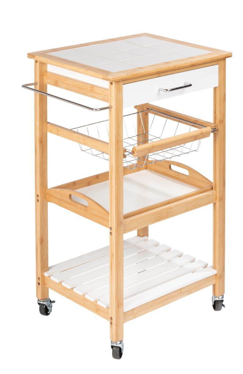 WENKO Küchenwagen Finja, Servierwagen aus nachhaltigem Bambus und MDF mit Schublade und Drahtkorb Produktabbildung 1