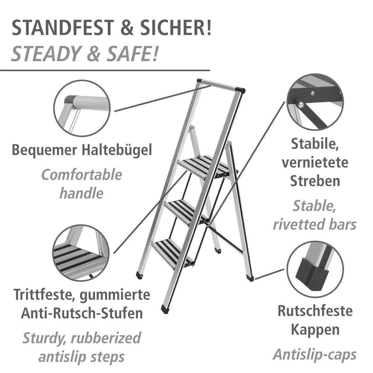 WENKO Alu-Design Klapptrittleiter 3-stufig, rutschfeste Haushaltsleiter, Sicherheitsleiter, Farbwahl Produktabbildung 2