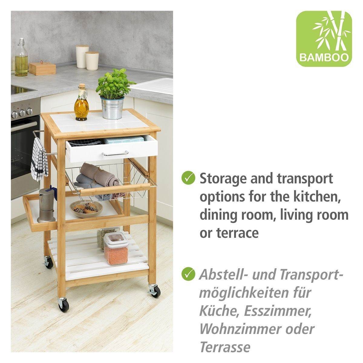 WENKO Küchenwagen Finja, Servierwagen aus nachhaltigem Bambus und MDF mit Schublade und Drahtkorb Produktabbildung 3