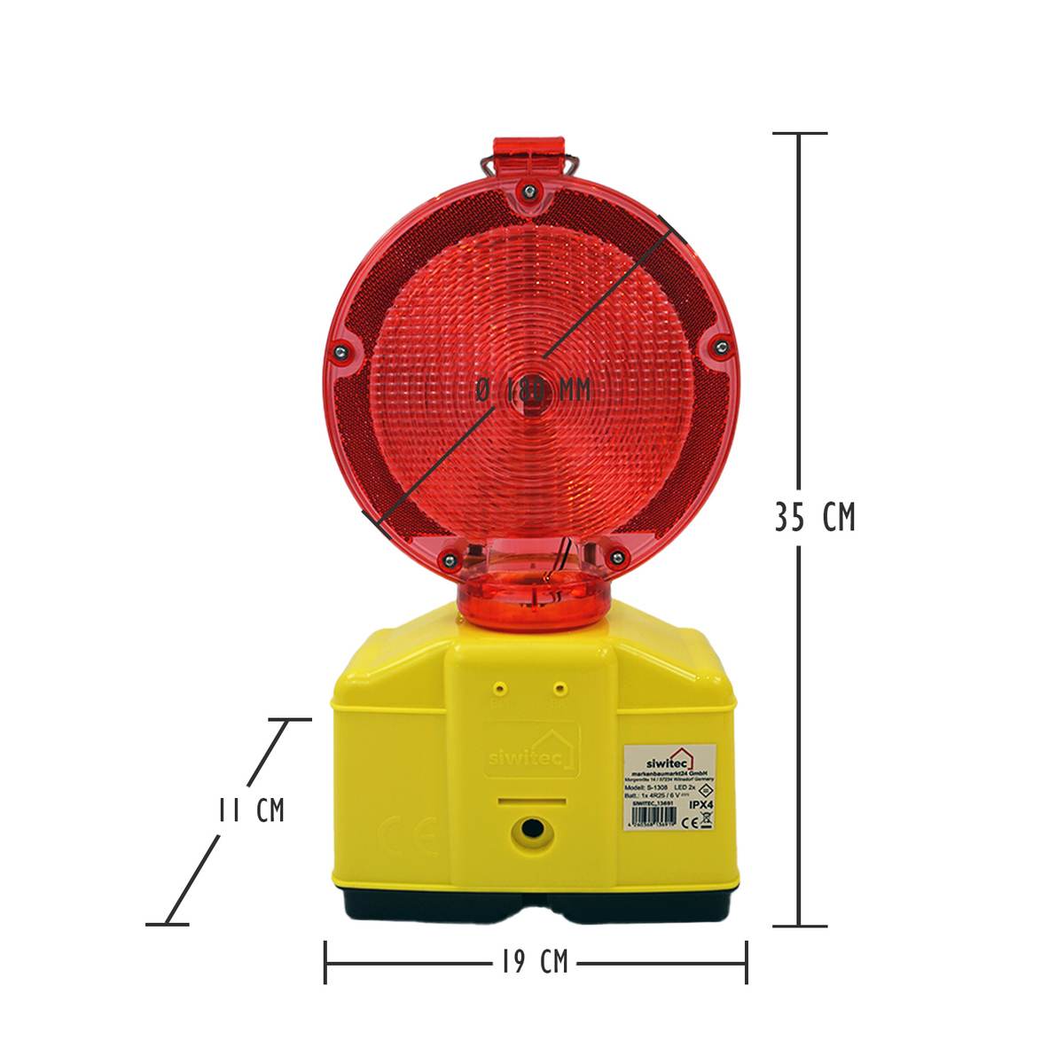 1 x siwitec Baustellenleuchte rot-klar mit Lampenschlüssel, 2 x Blockbatterien, LED Warnleuchte Produktabbildung 2