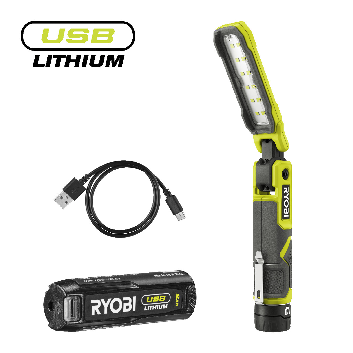 RYOBI 4 V USB Akku-Stableuchte, klappbar, 650 Lumen, inkl. 1 x 4 V 2,0 Ah Lithium Akku und Ladegerät RYOBI 4 V USB Akku-Stableuchte, klappbar, 650 Lumen, inkl. 1 x 4 V 2,0 Ah Lithium Akku und Ladegerät