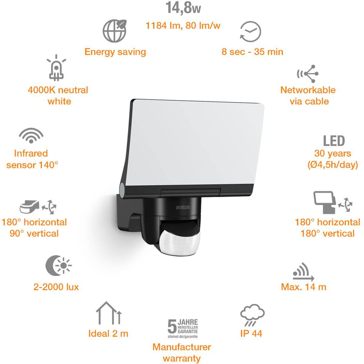 Steinel LED Strahler XLED HOME 2 S, 13,7 W, 1550 lm, 180° Bewegungsmelder, 10m Reichweite, Weiß Produktabbildung 9