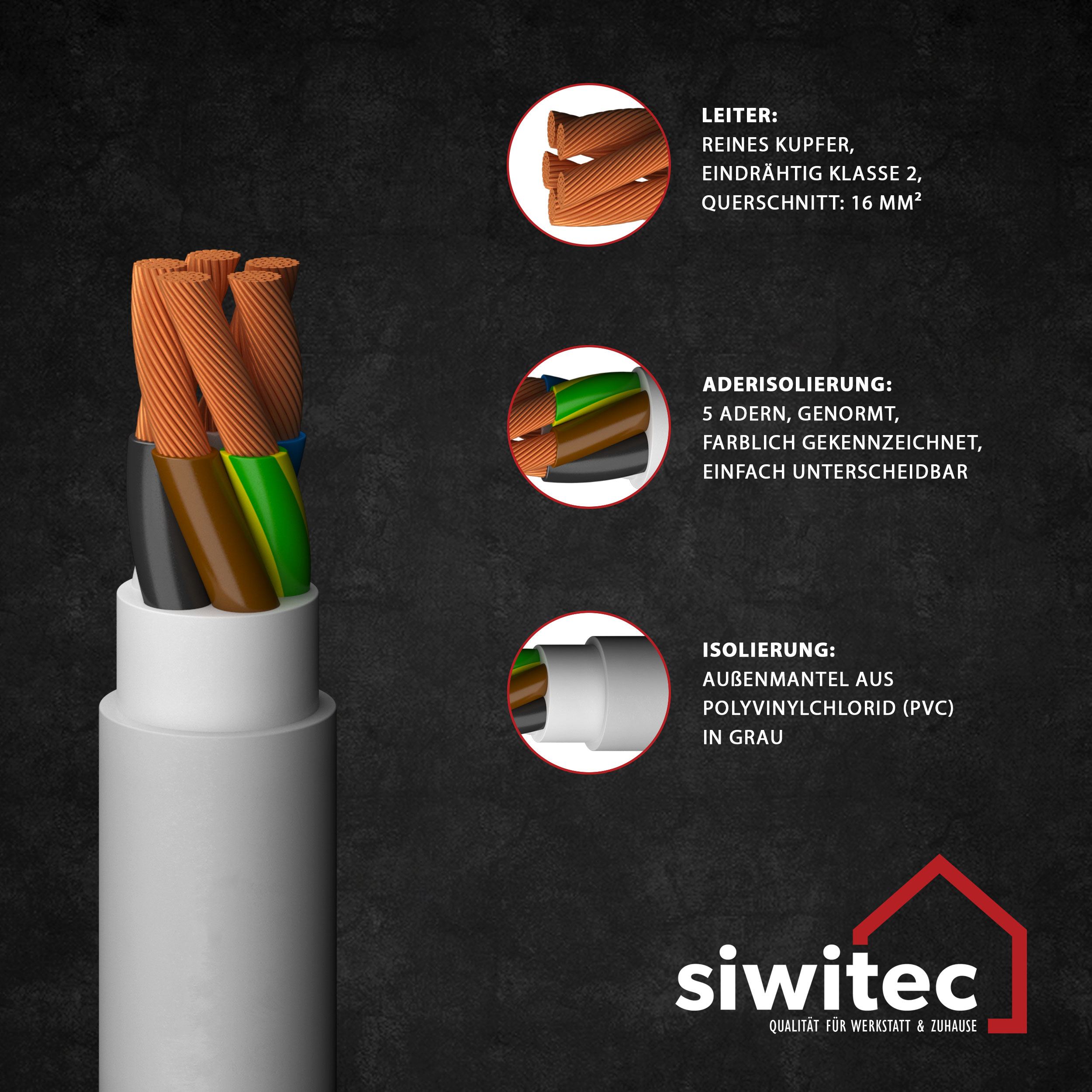 siwitec NYM-J 5 x 16mm² Kabel, Meterware, Installationskabel, Mantelleitung, Stromkabel nach Maß, grau Produktabbildung 2