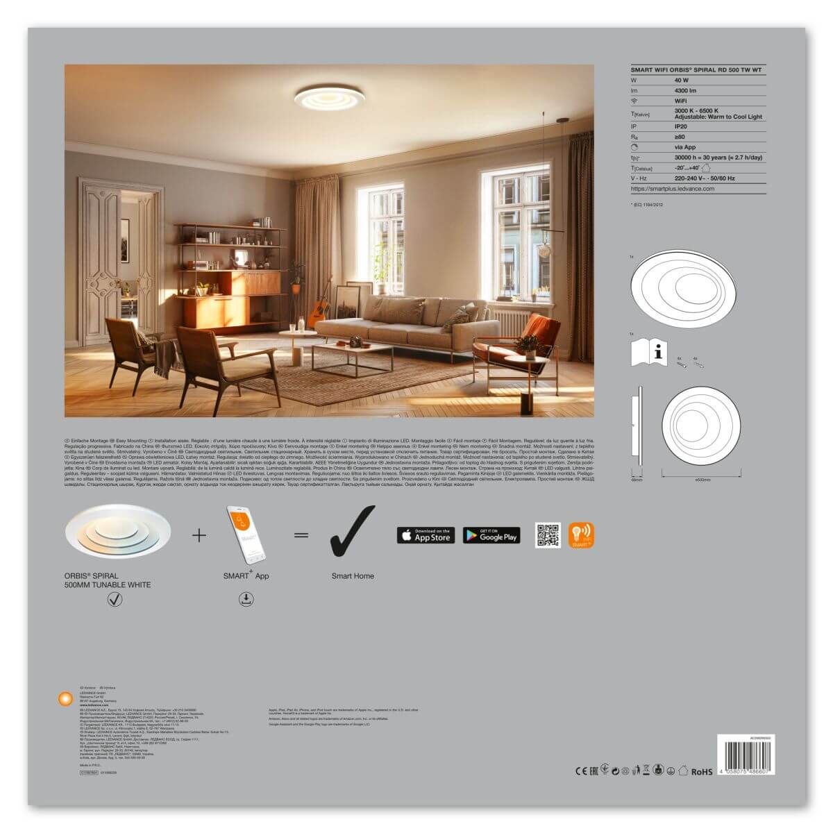 Ledvance SMART+ WiFi ORBIS Spiral Deckenleuchte, 40 W, 4300 lm, Tunable White, 3000-6500 K, Dimmbar Produktabbildung 3