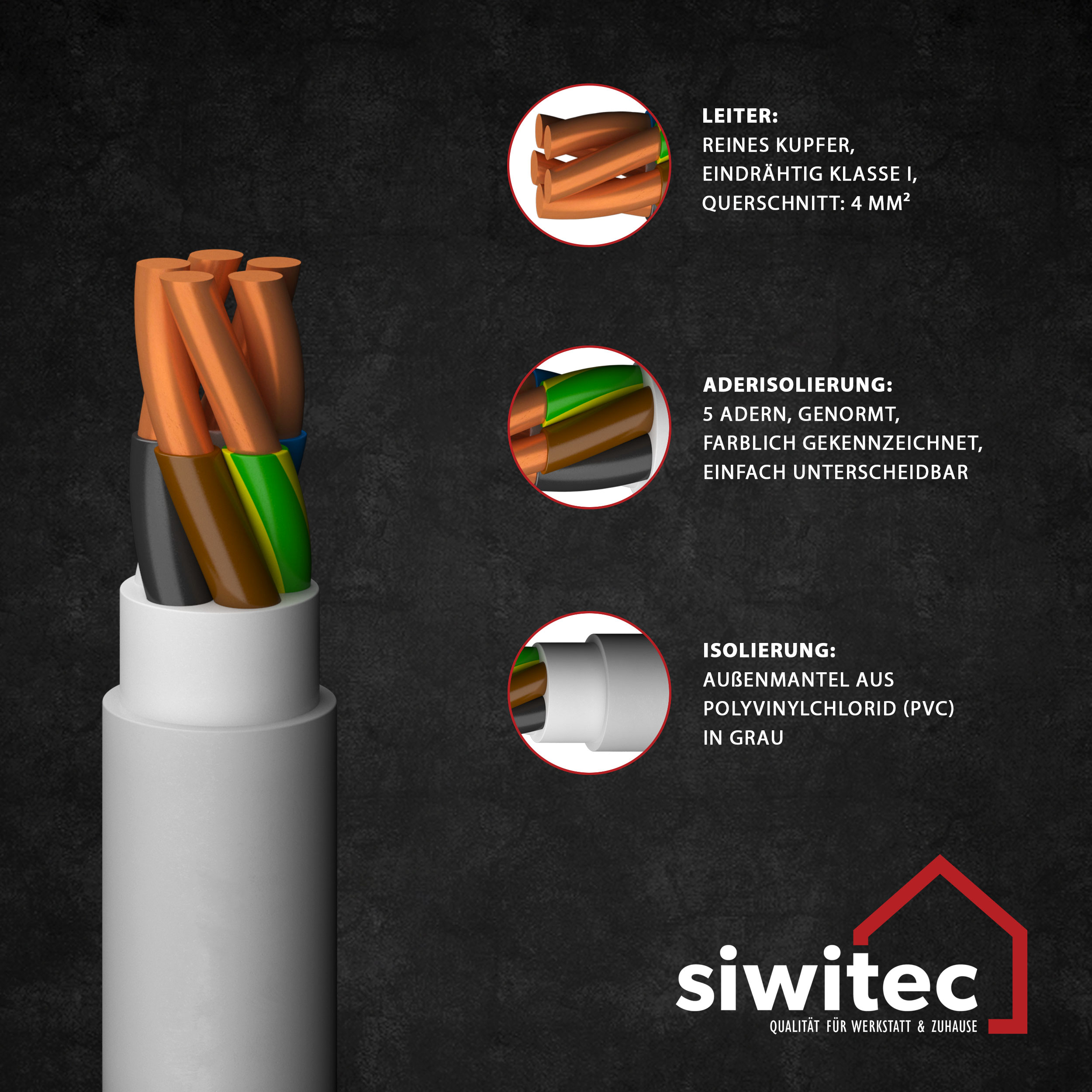 siwitec NYM-J 5x4 mm² Kabel, PVC Mantelleitung, Installationskabel, Elektrokabel, Feuchtraumkabel Produktabbildung