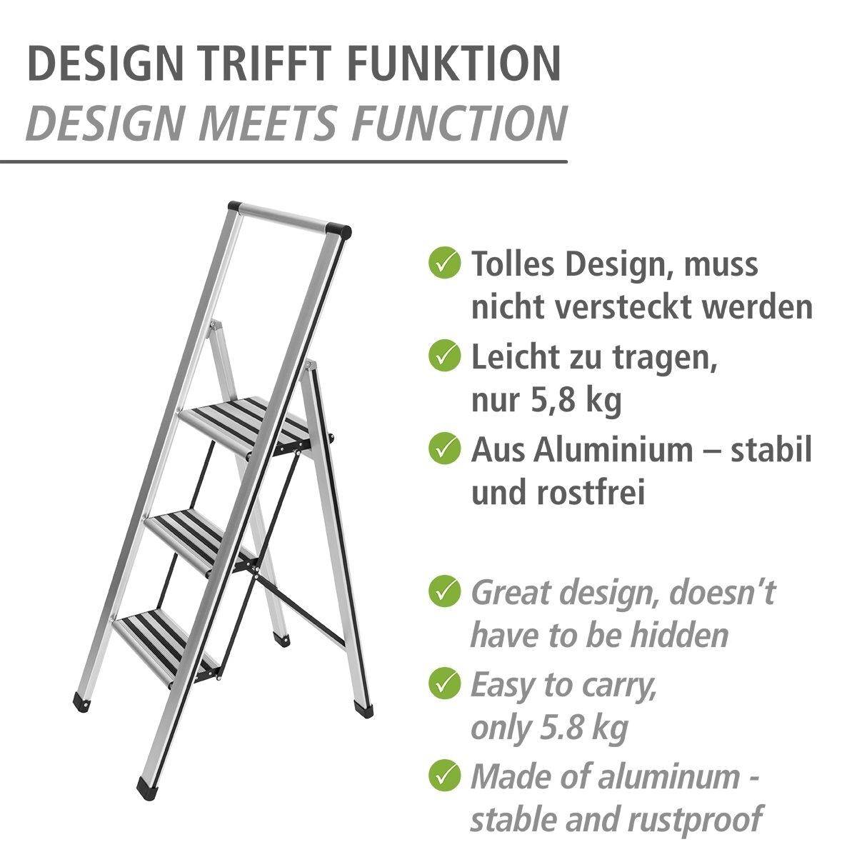 WENKO Alu-Design Klapptrittleiter 3-stufig, rutschfeste Haushaltsleiter, Sicherheitsleiter, Farbwahl Produktabbildung 3