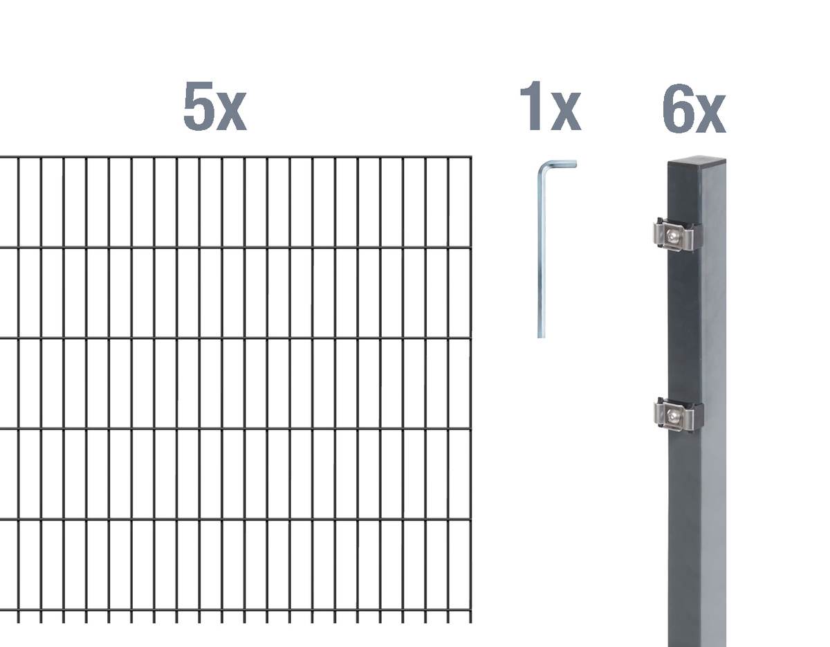 Alberts Komplettset Doppelstabmattenzaun, Anthrazit, Mattenbreite 2 m, 100 cm hoch, 10 m lang Produktabbildung
