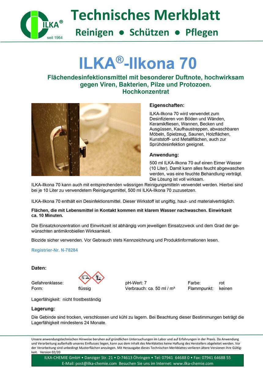 ILKA Ilkona 70 Desinfektionsmittel zur Flächendesinfektion | 1 Liter Flasche Produktabbildung 2
