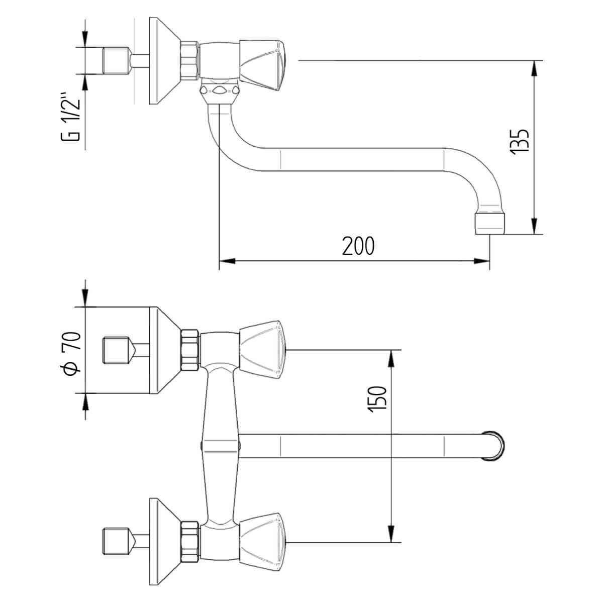 BRUSE Wand-Spültischbatterie, DN15, chrom, Dreikanthaubengriff, 200mm S-Auslauf Produktabbildung 2