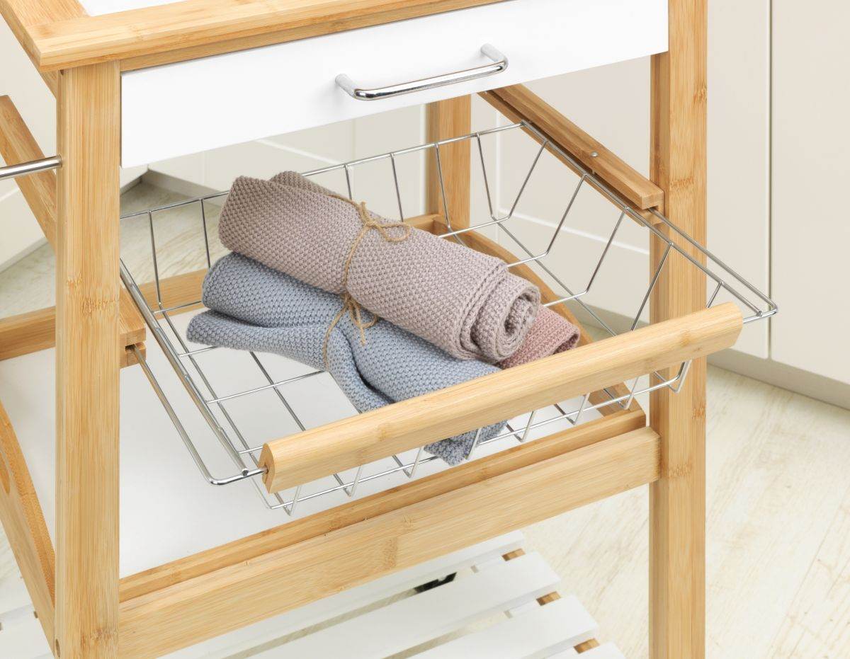 WENKO Küchenwagen Finja, Servierwagen aus nachhaltigem Bambus und MDF mit Schublade und Drahtkorb Produktabbildung 8