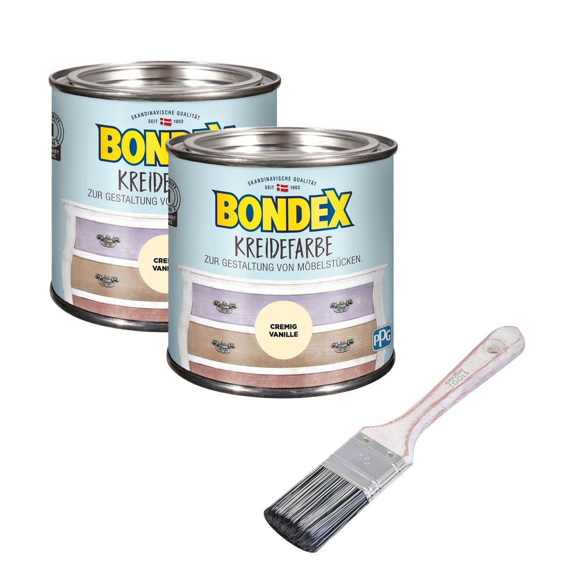 BONDEX 2er-Set Kreidefarbe 0,5 L mit Flachpinsel, Shabby-Chic, Innenbereich, Cremig Vanille Produktabbildung