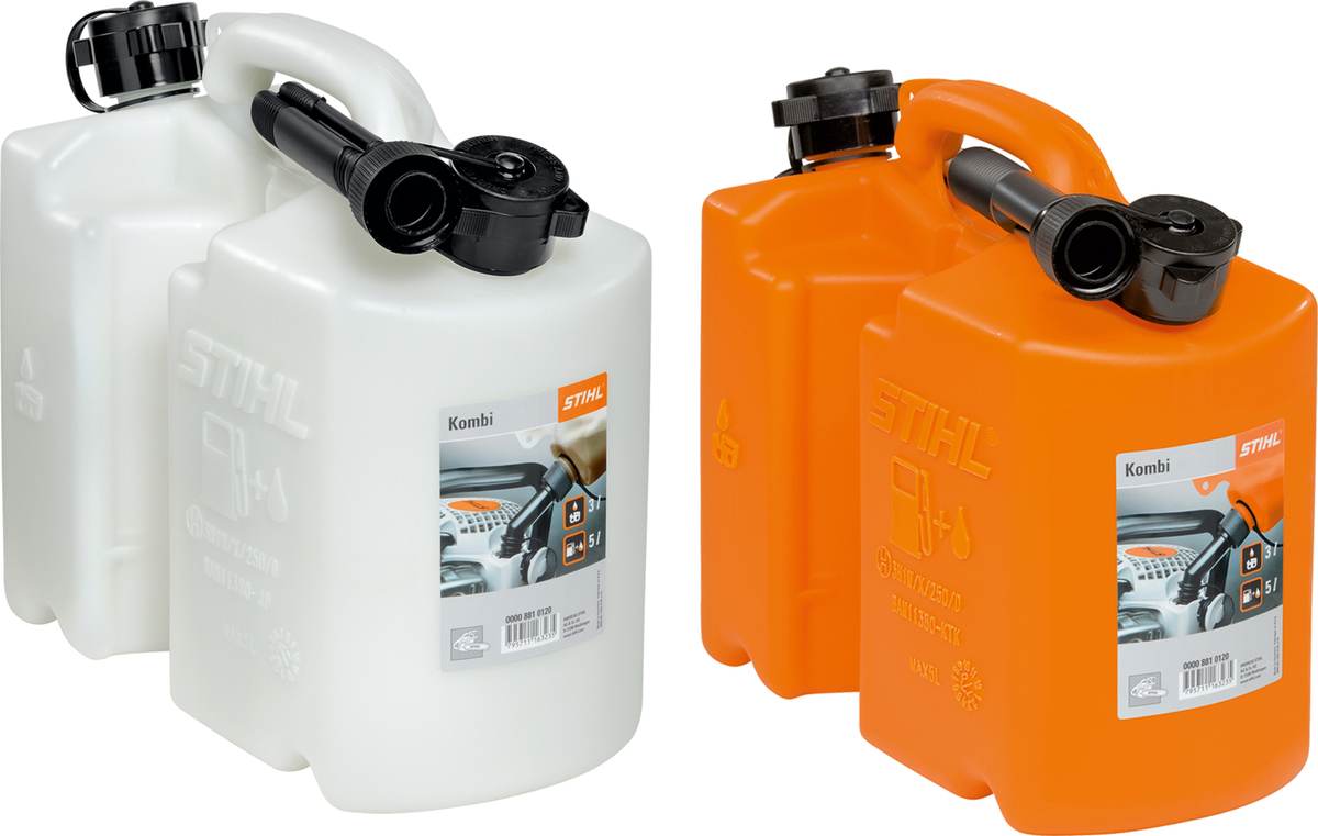 STIHL Kombi-Kanister Orange, für 5 L Kraftstoff und 3 L Sägekettenhaftöl, robuster Doppelbehälter Produktabbildung 2