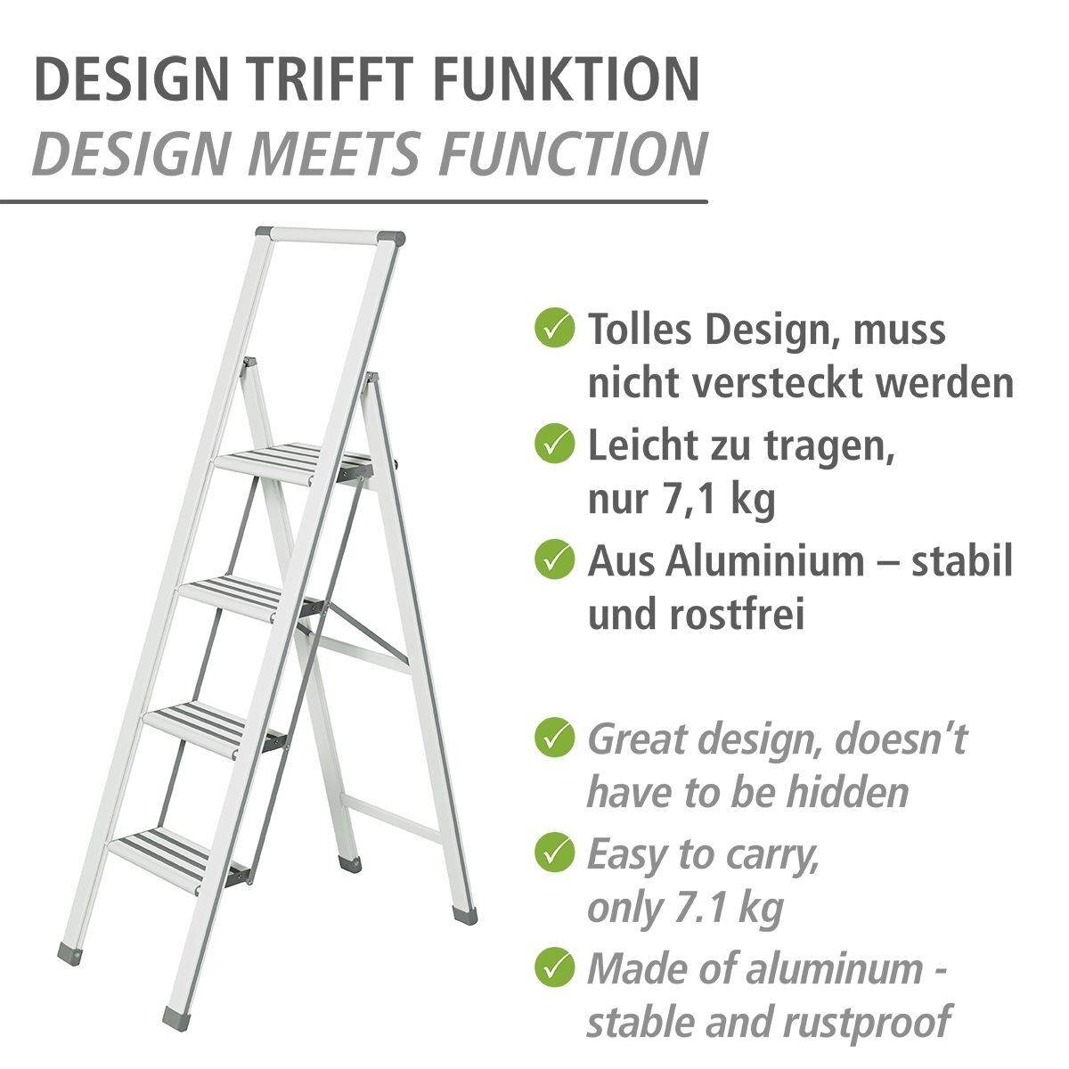 WENKO Alu-Design Klapptrittleiter 4-stufig, rutschfeste Haushaltsleiter, Sicherheitsleiter, Farbwahl Produktabbildung 3