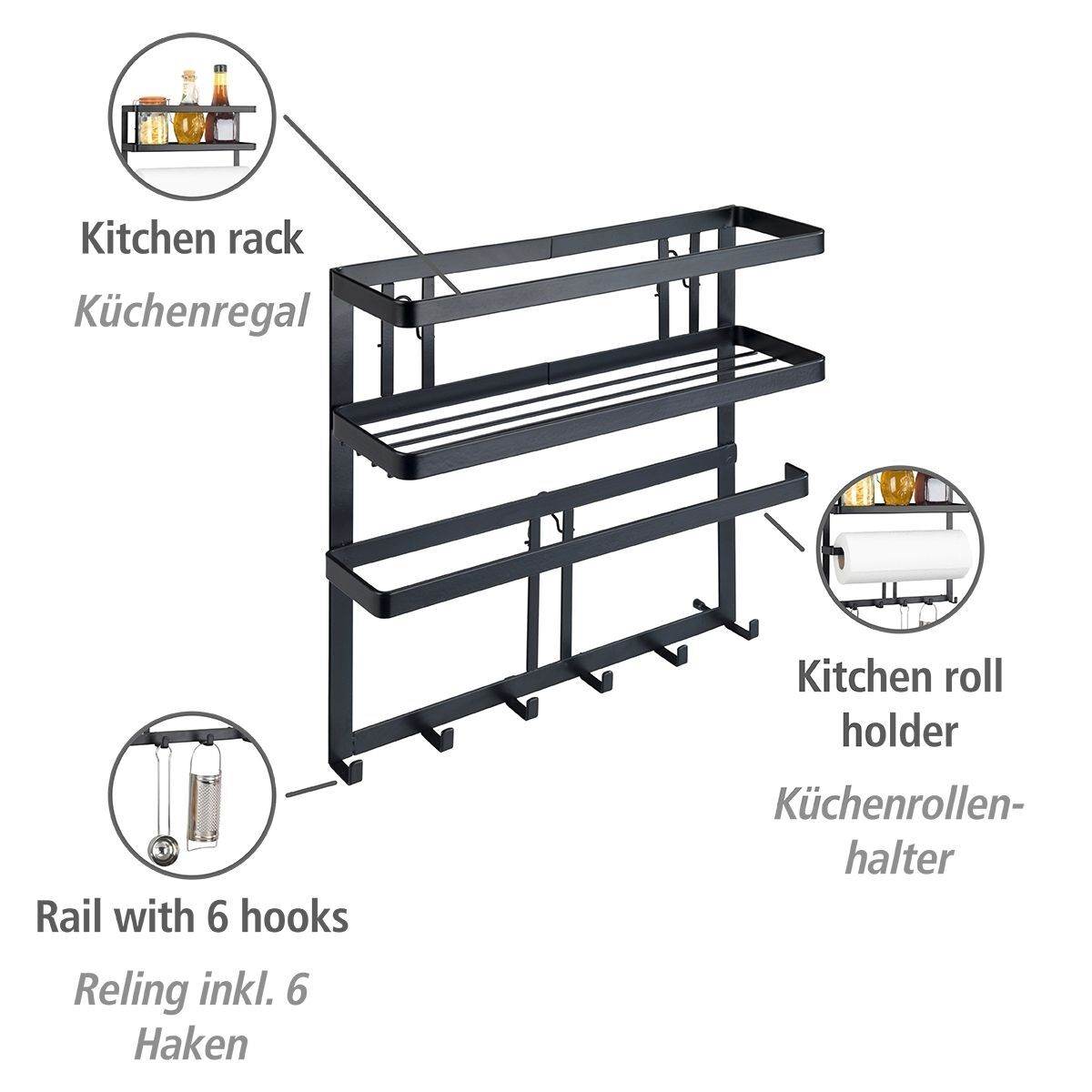 WENKO Multifunktionsregal Gala, Küchenregal mit Küchenrollenhalter Ablage und 6 Haken Produktabbildung 3