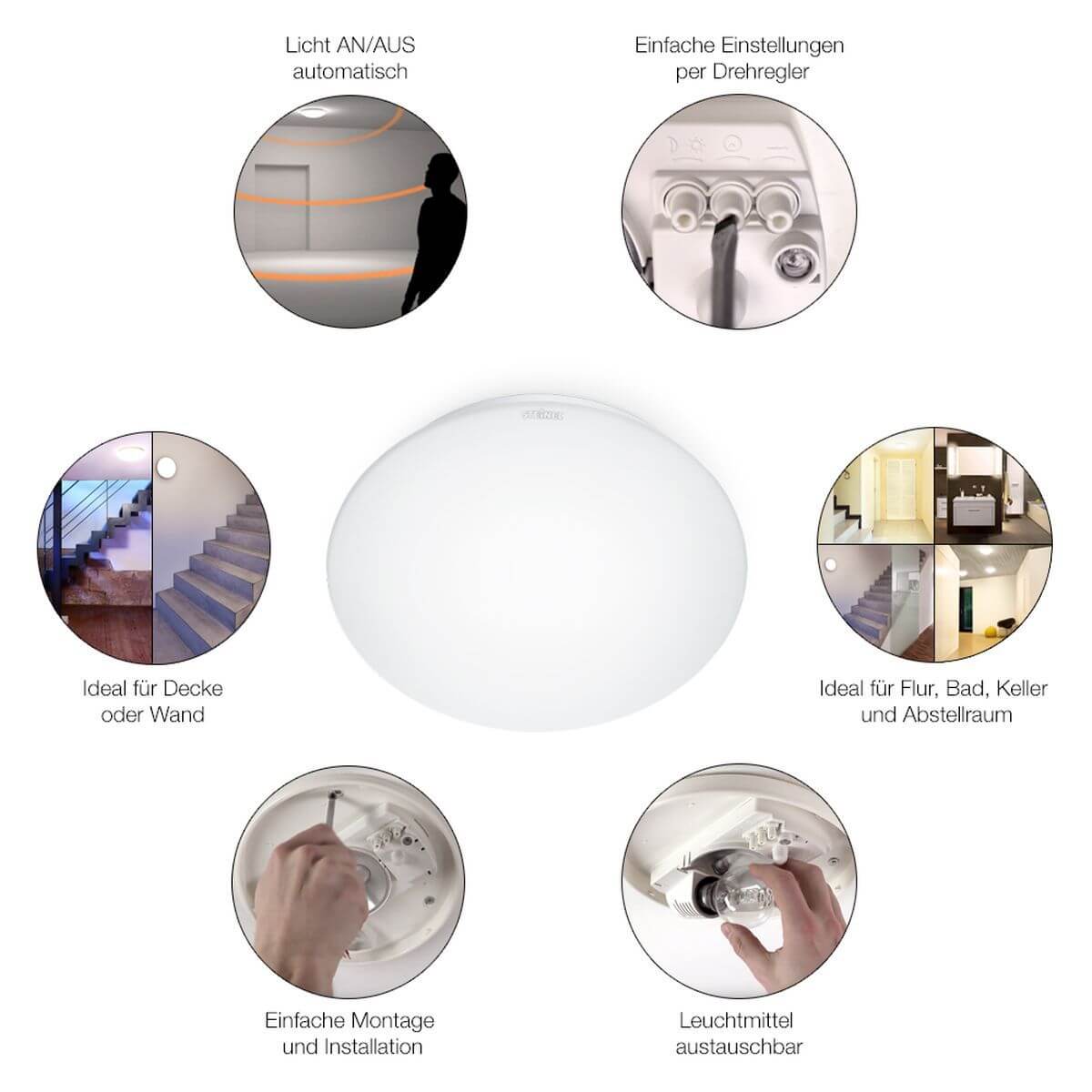 Steinel LED Innenleuchte RS 16 S Wandleuchte, Deckenleuchte, 360° Bewegungsmelder, max. 3 - 8 m Reichweite, Produktabbildung 7