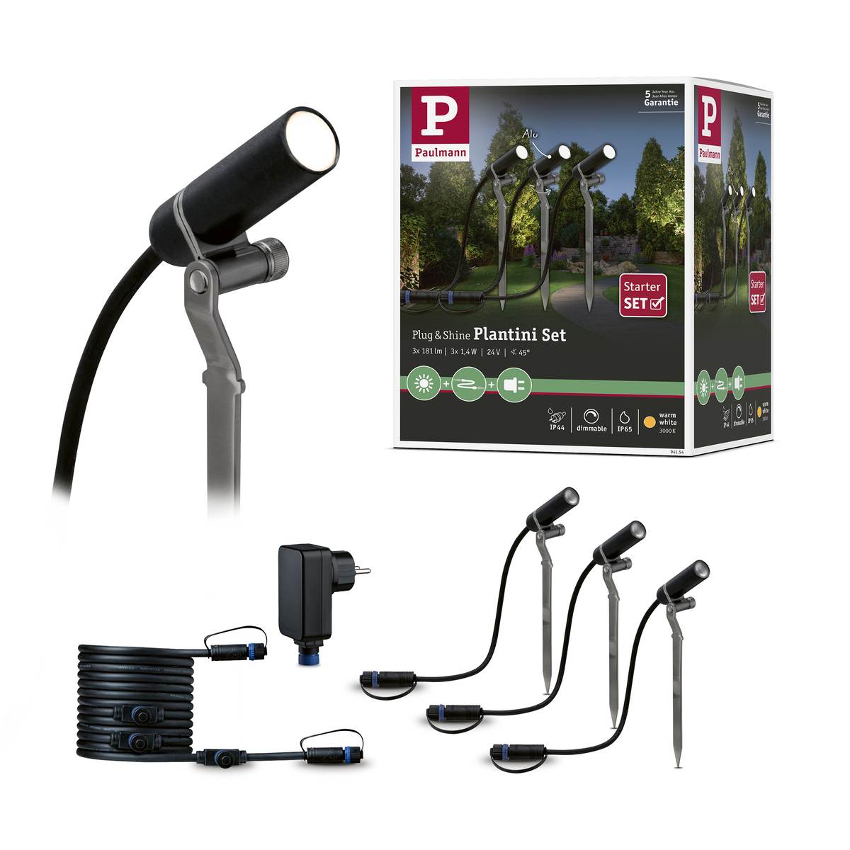 Paulmann Plug & Shine Basisset Erdspieß Plantini, IP65, 3x2,5W, 24V, Anthrazit, Warmweiß (3000 K) Produktabbildung 2