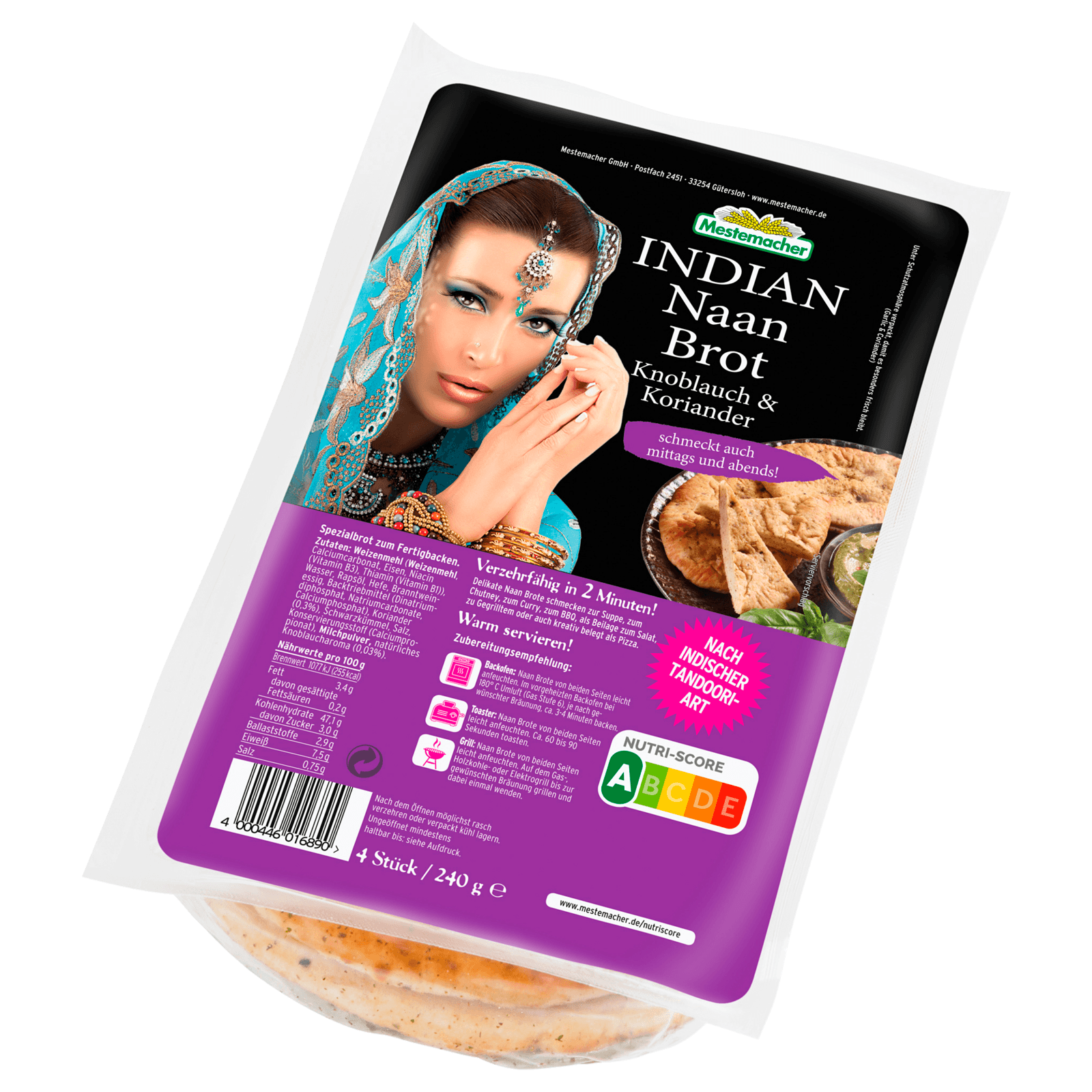 Mestemacher Indian Naan Brot Knoblauch & Koriander, 240 g