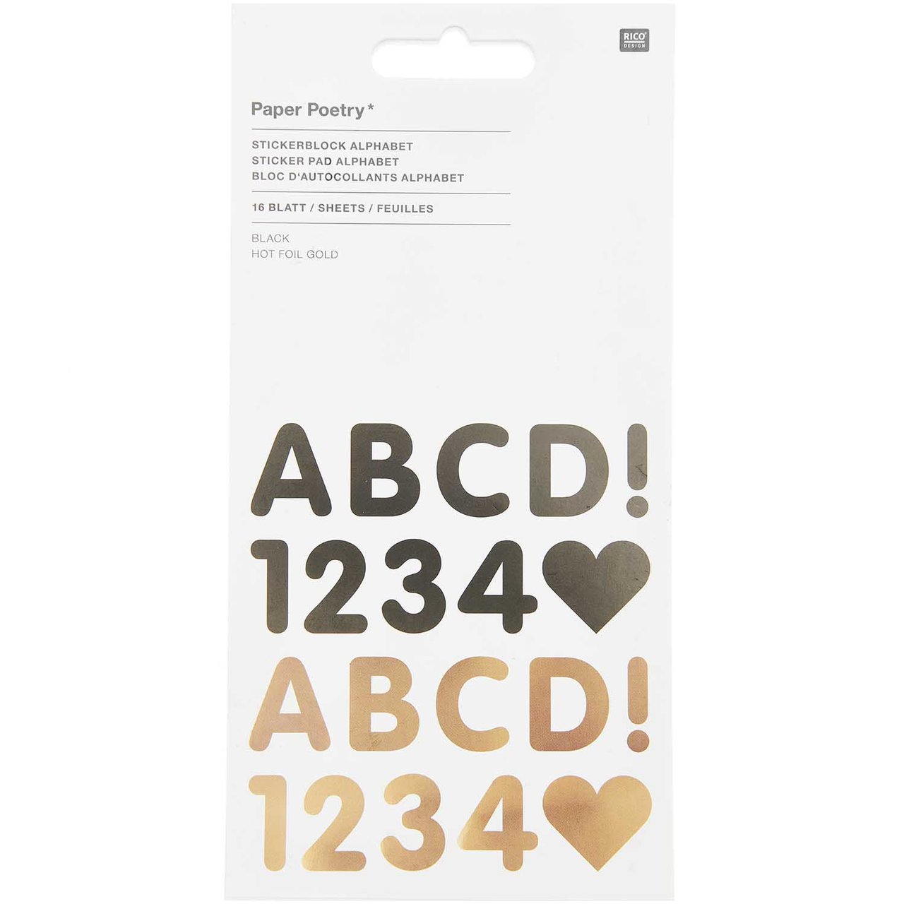 Paper Poetry Stickerblock Alphabet 16 Blatt schwarz gold